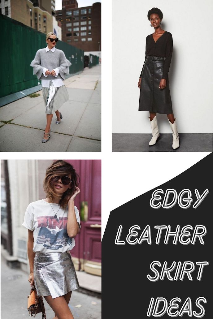 edgy leather skirt ideas, three women in leather skirts