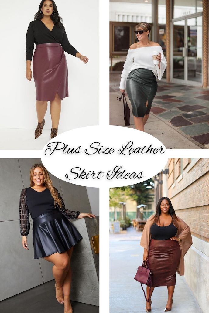 Plus size leather skirt ideas, four women in plus size leather skirts