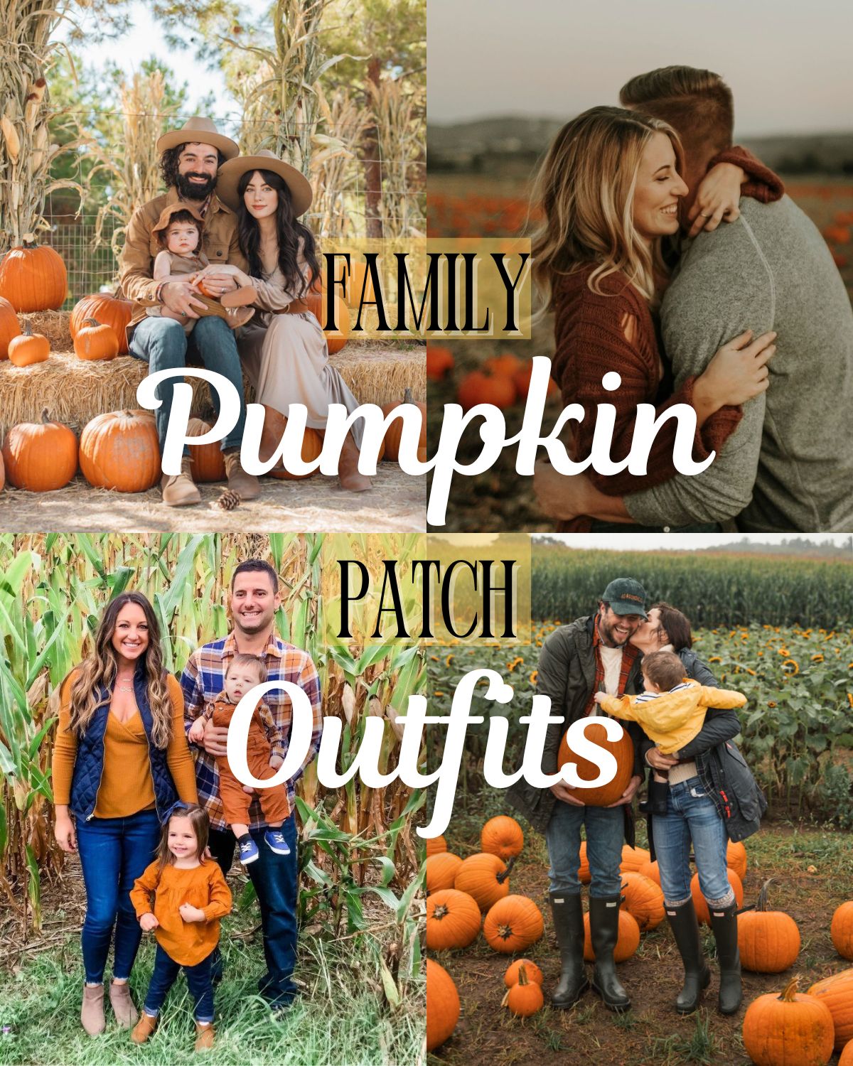 Families posing for family photos in fall outfits at a pumpkin patch