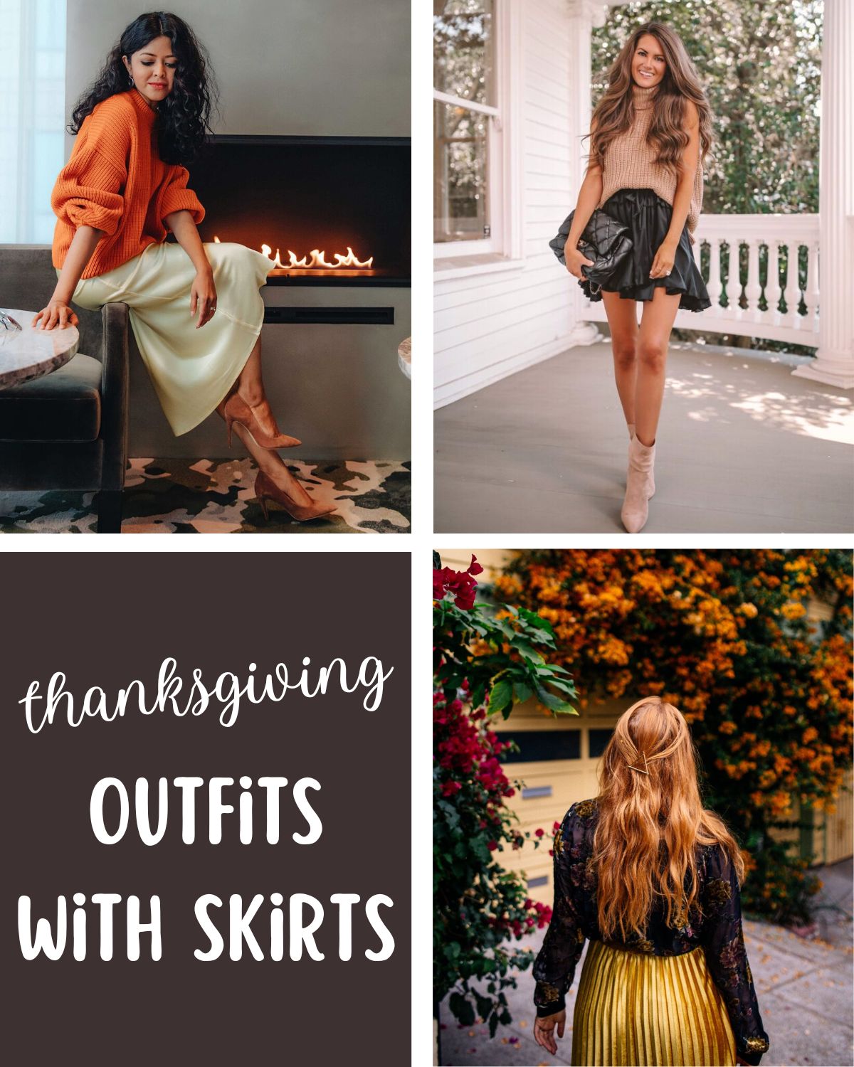 Fall outfits with skirts, three women in skirts and sweaters