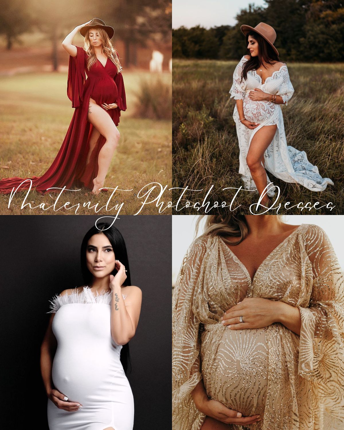 Four pregnant women in maternity photoshoot outfit ideas