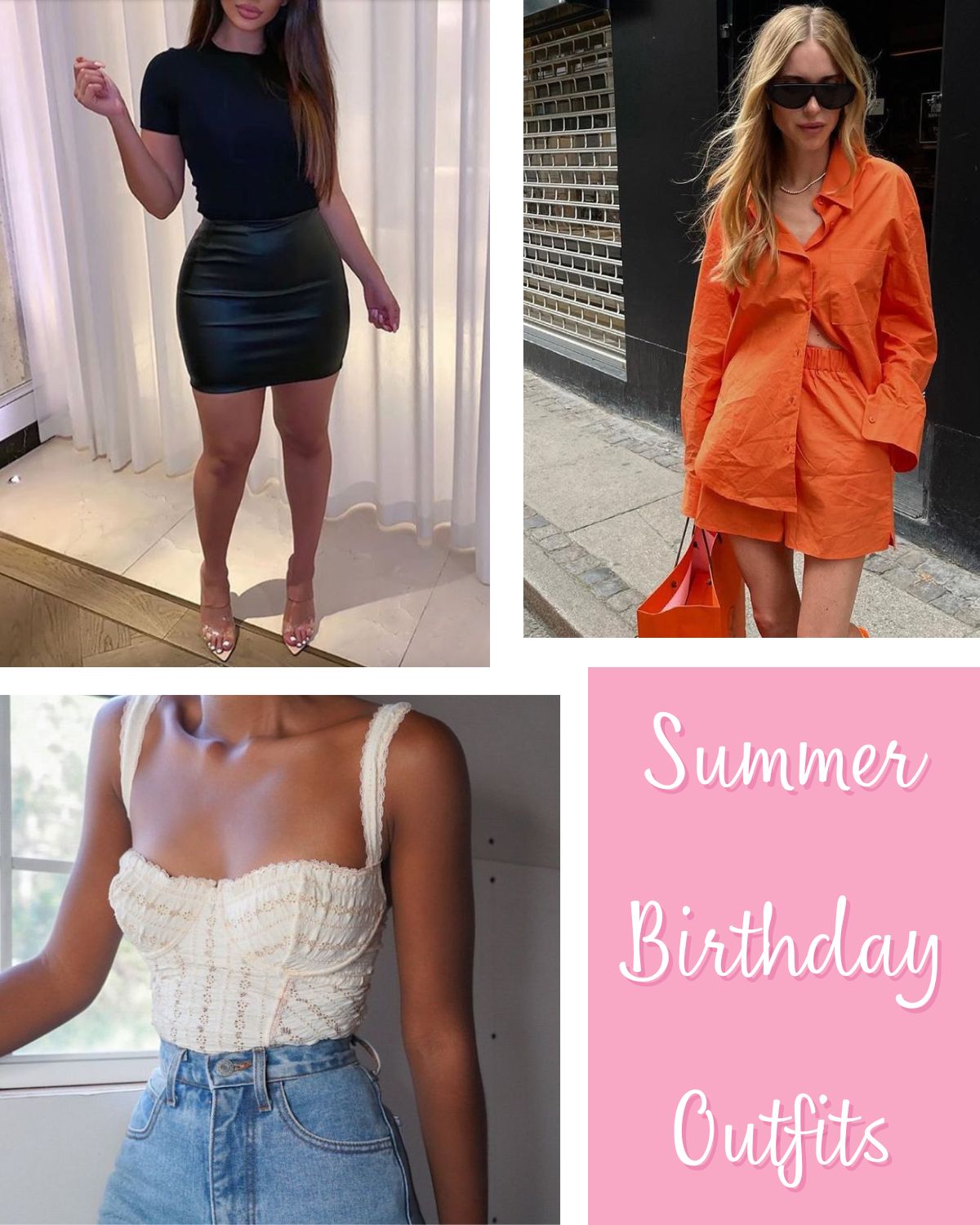 Summer outfits perfect for celebrating. A girl in an orange set, a white corset top, and a black skirt and top combo