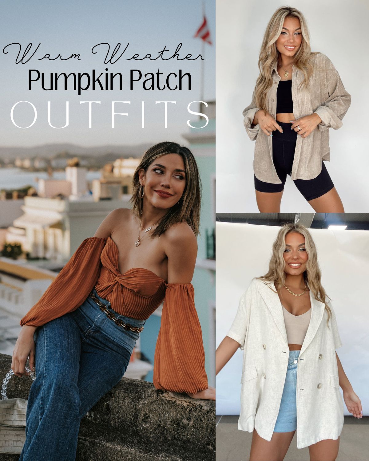 Fall outfit ideas for warm weather, girls in jeans and tops and shackets