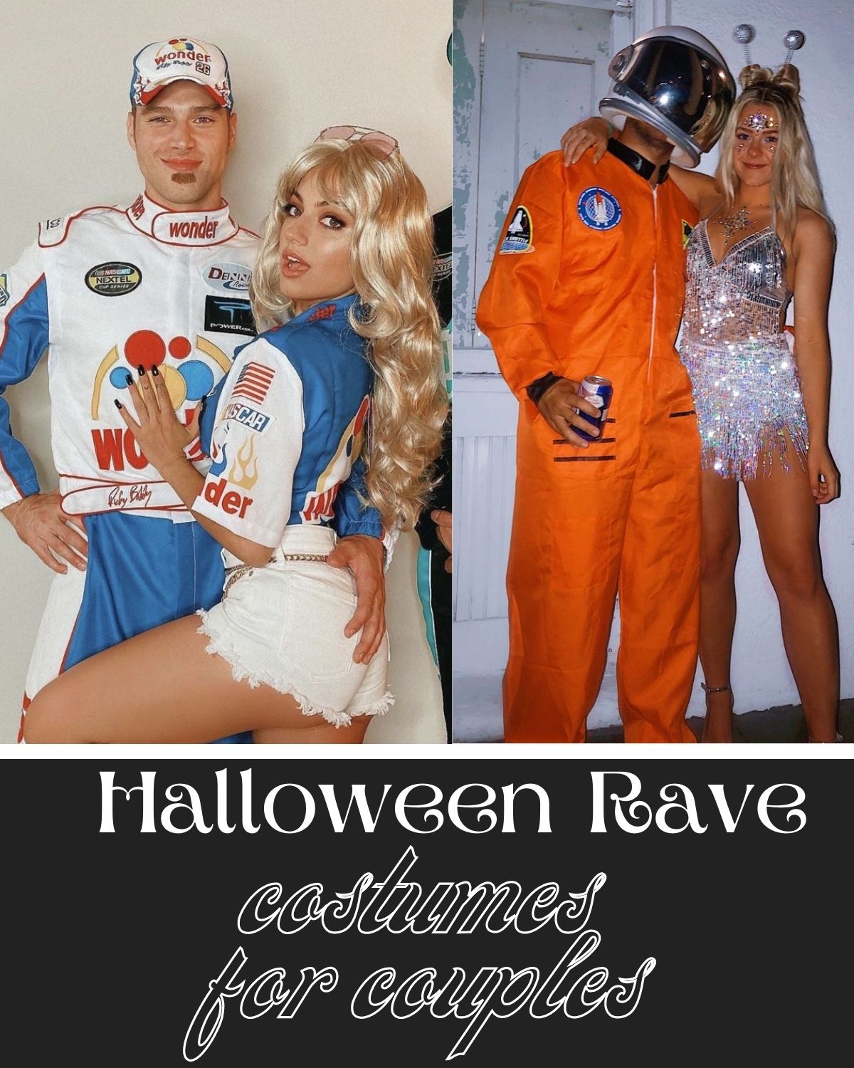 two couples in halloween costumes: nascar drivers and aliens 