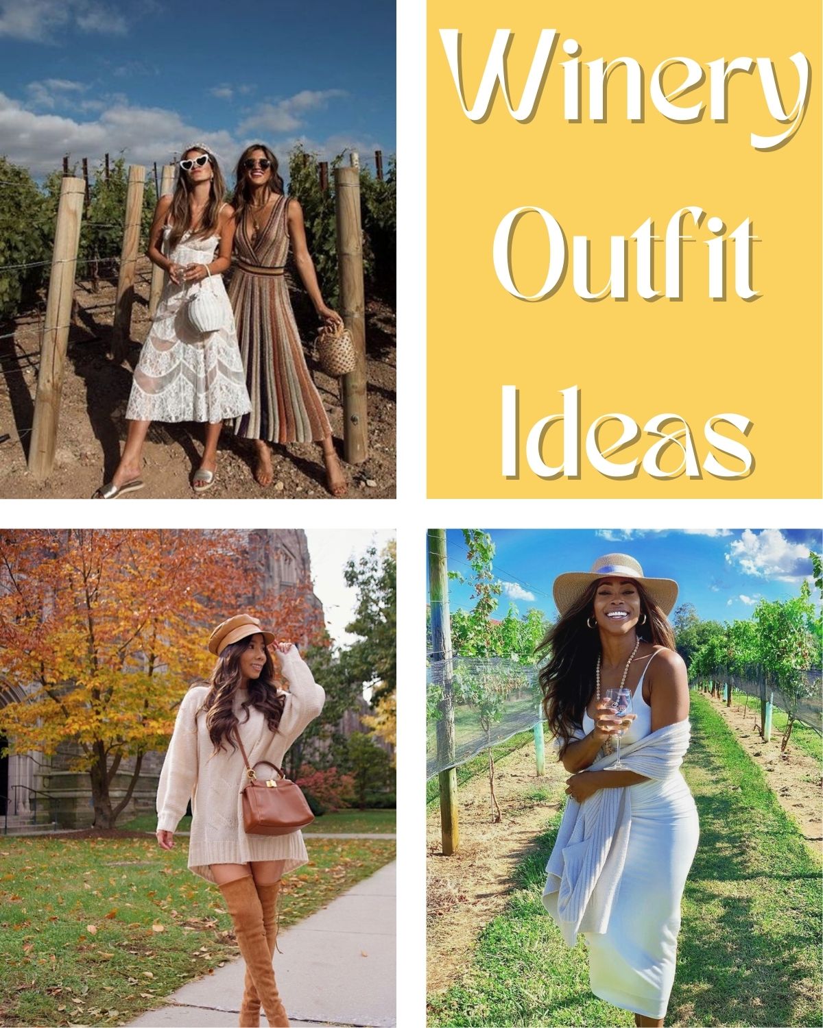 Four women at wineries in cute outfits