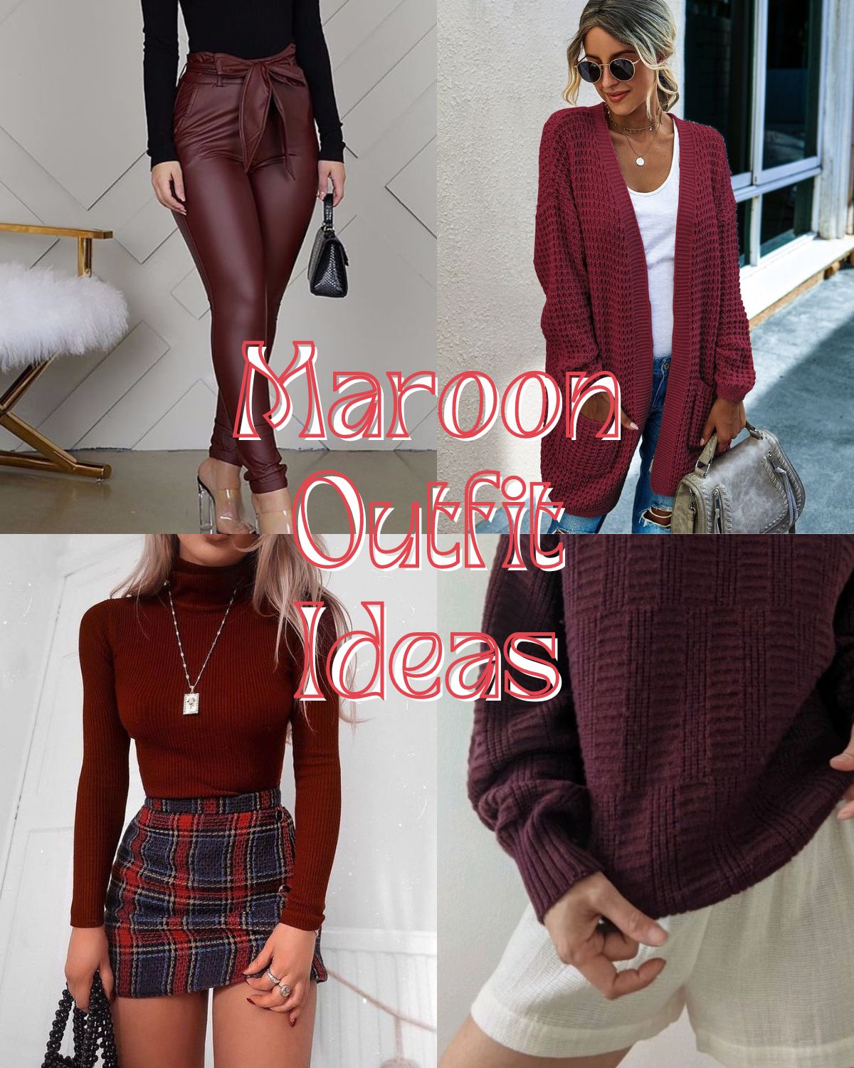Outfit ideas containing maroon, four women in fall outfits