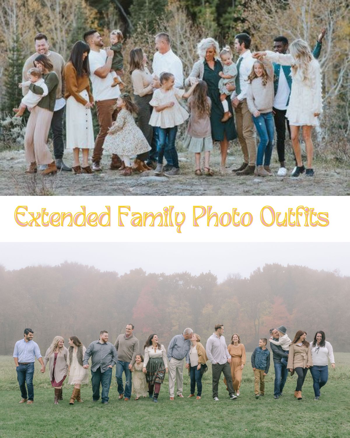 Two large families in autumn taking photos outside.