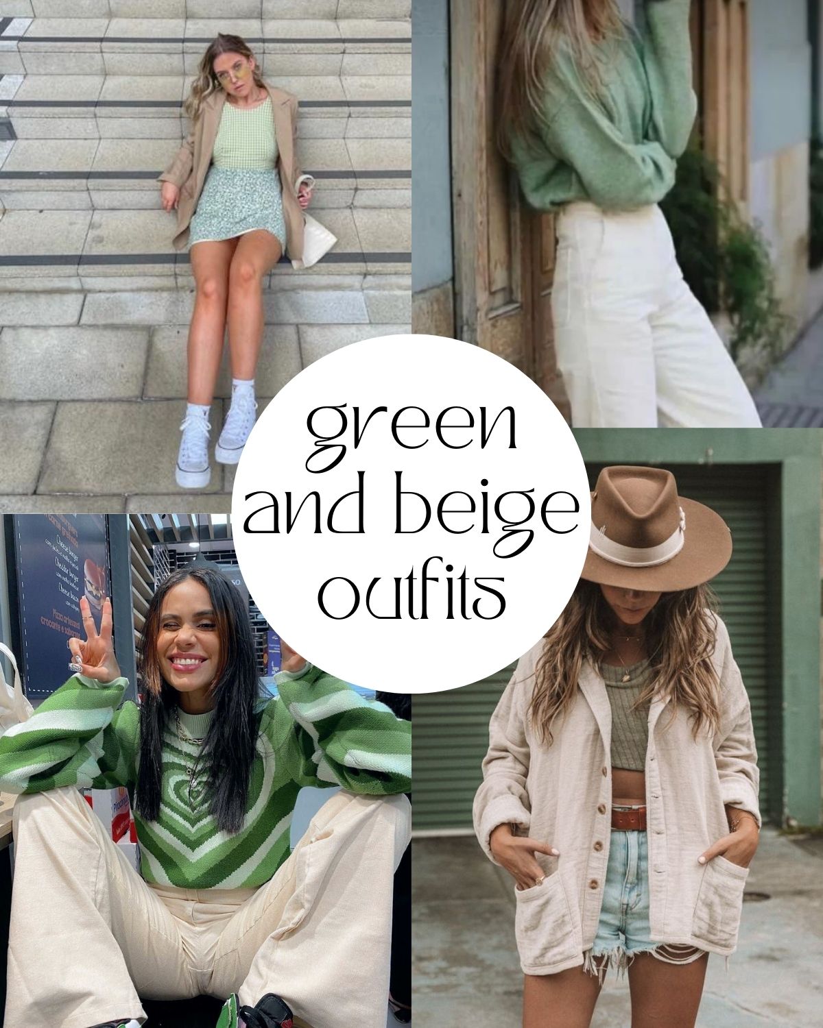 Four women in green and beige outfits