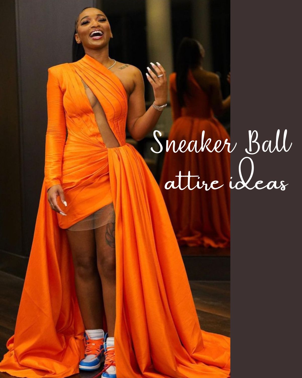 A girl in a bright orange ball gown and Nike hightop sneakers
