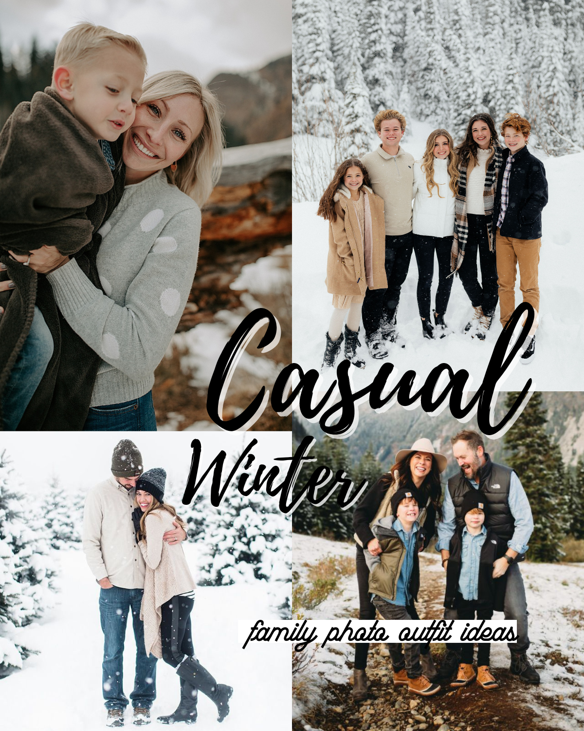 Four family photos with casual outfits