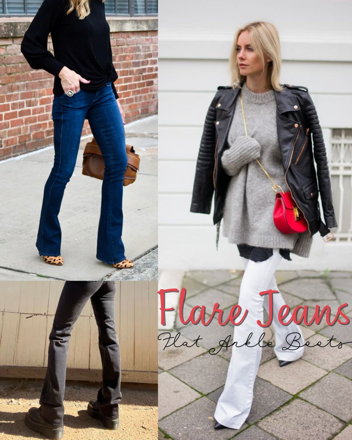 Three outfits with flare jeans and boots
