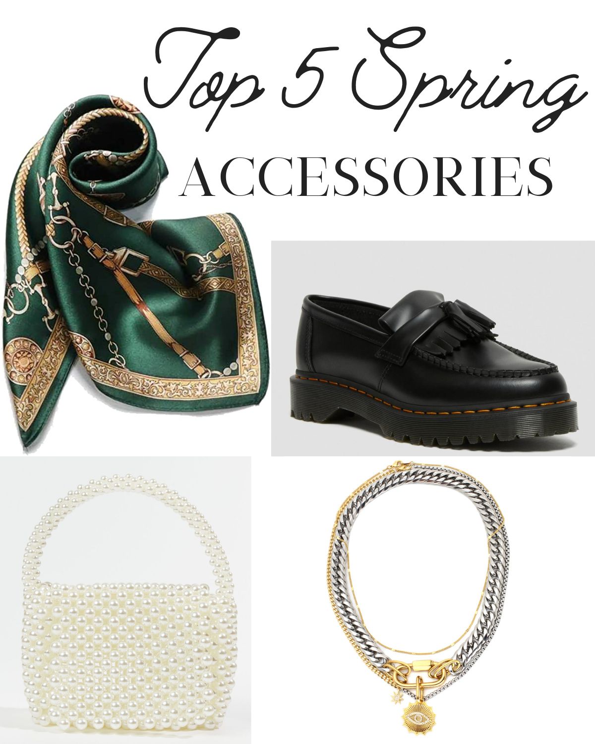 A cute pair of loafers, pearl purse, necklace stacks, and silk scarf