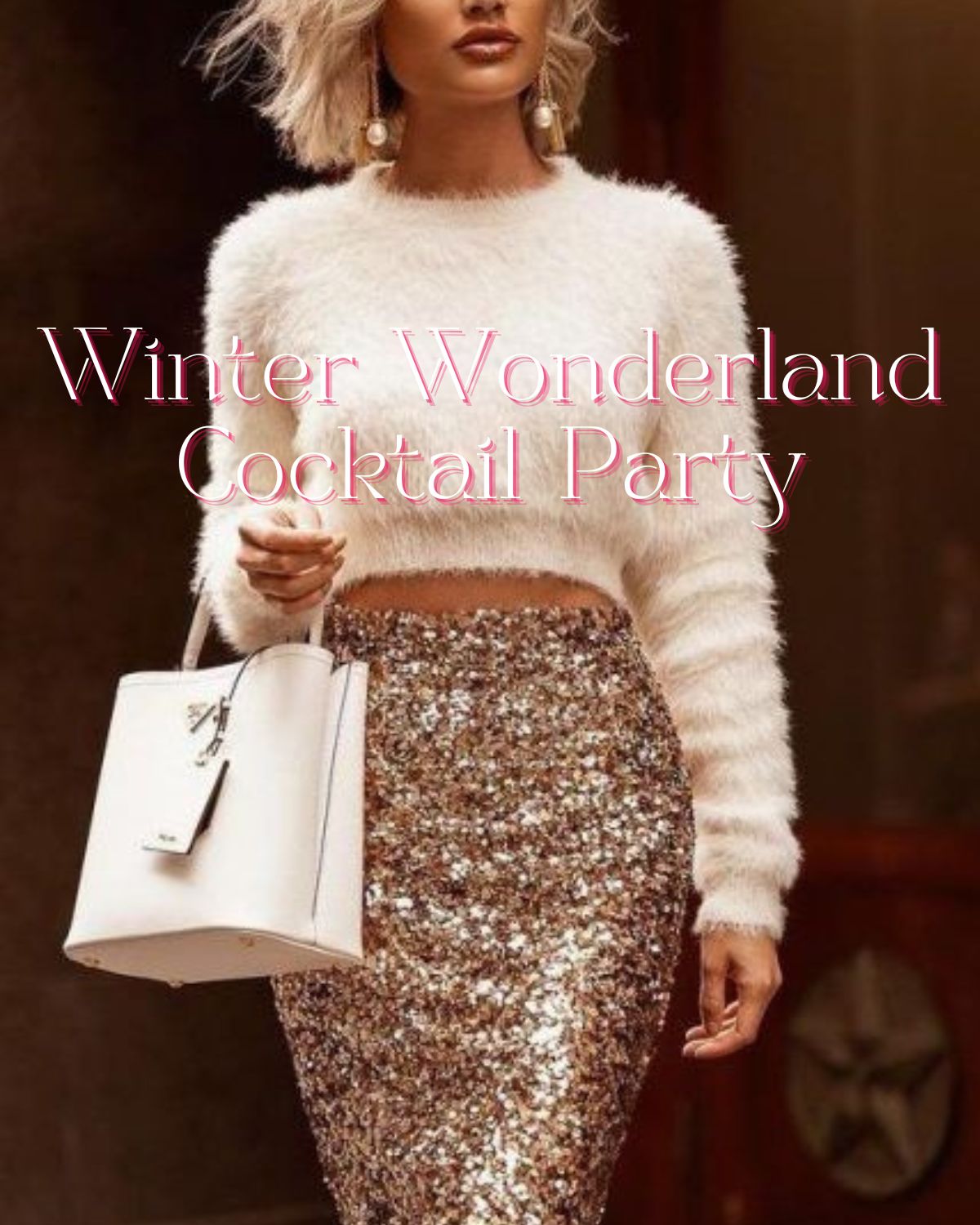 A woman dressed in a sweater and sparkly skirt for a winter wonderland cocktail party
