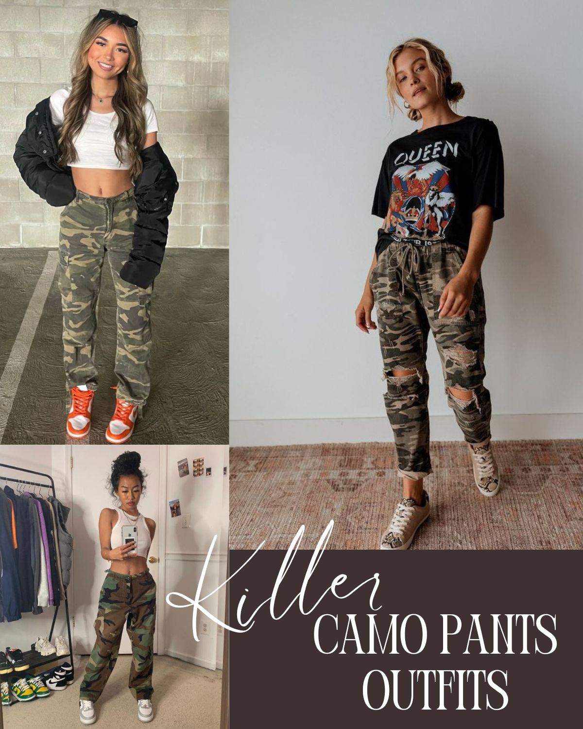 Three girls in cool outfits with camo pants 