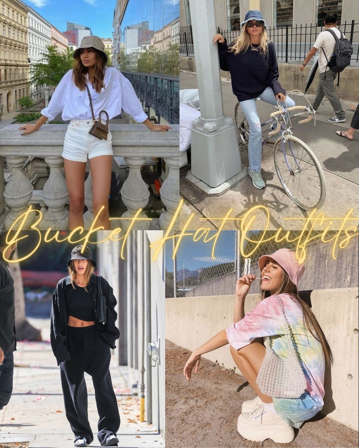 Four girls in casual cute outfits with bucket hats 