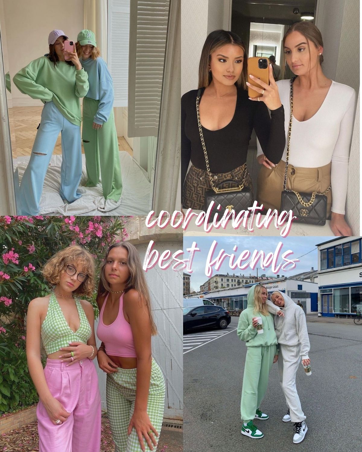 Several photos of best friends in cute outfits 