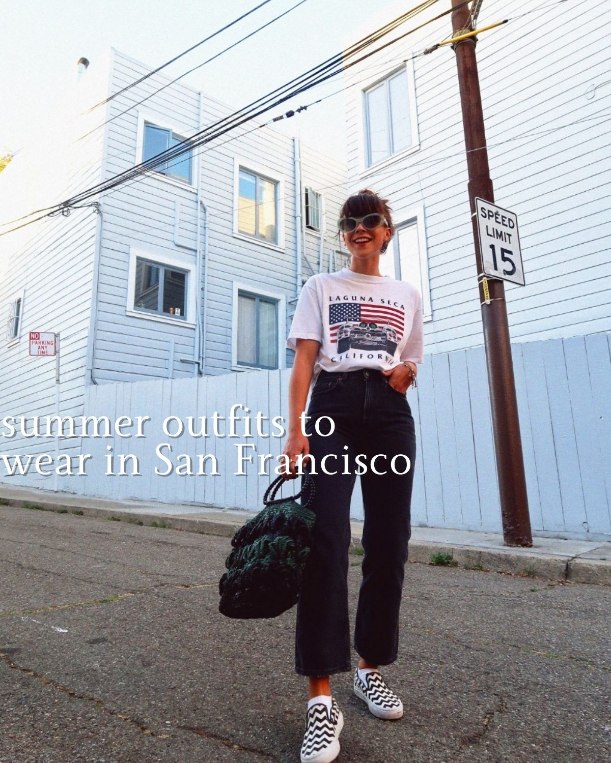 A girl in an American graphic tee and jeans