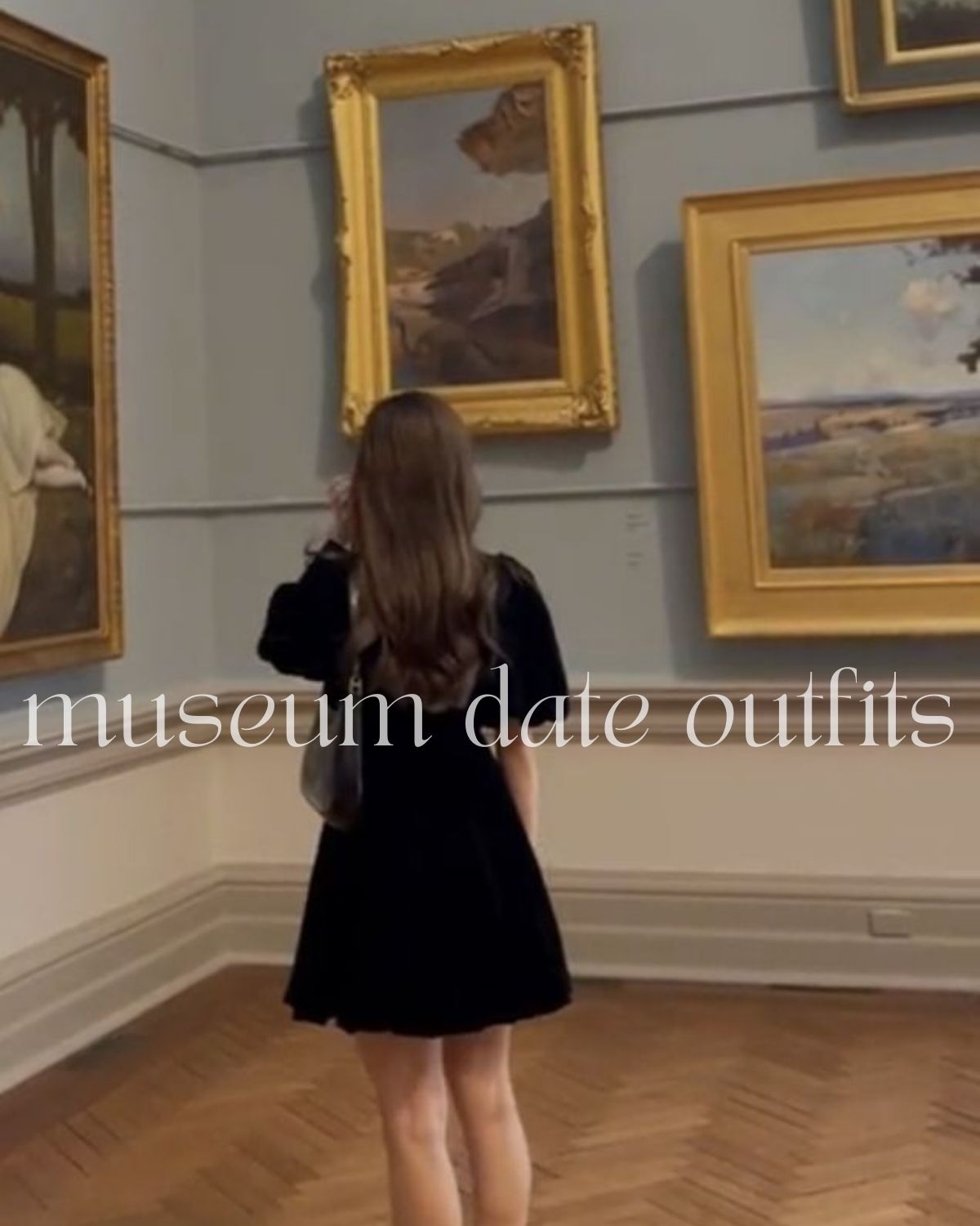 Girl in black dress looking at art in a museum 