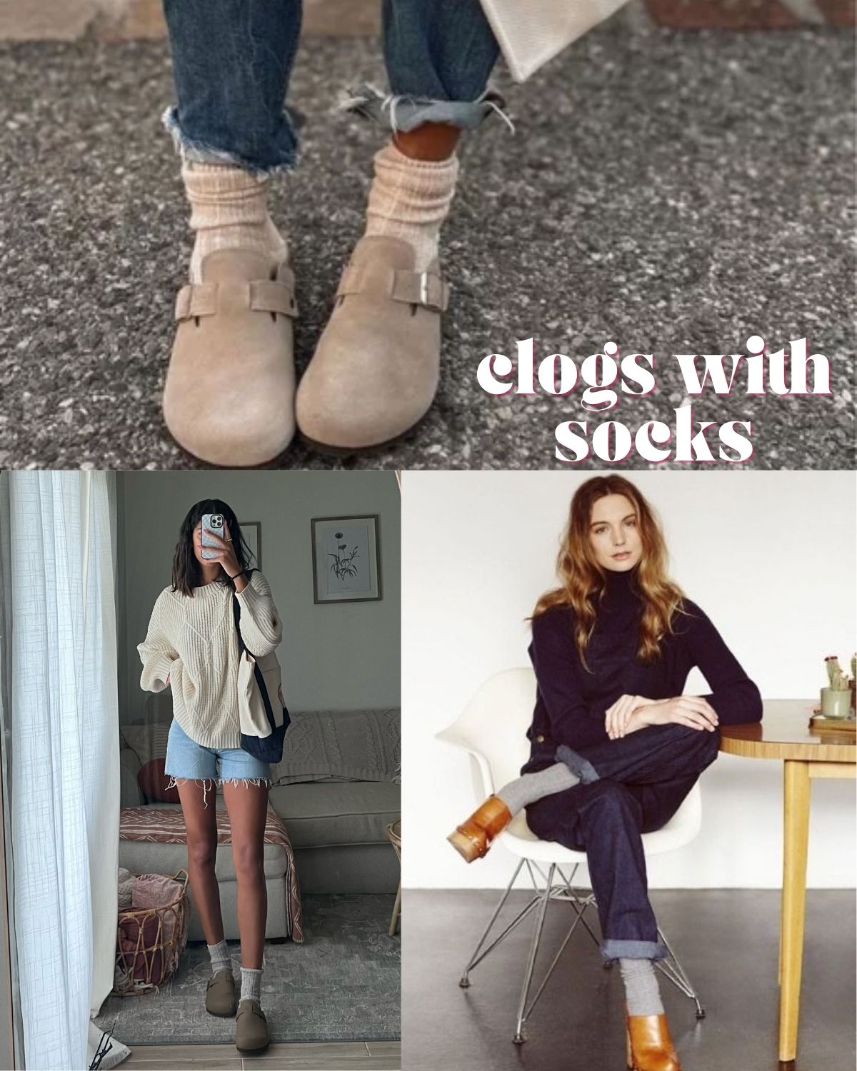 Three examples of outfits of clogs and socks