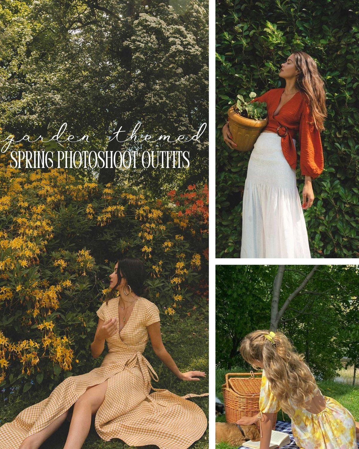 Three girls in a garden setting in pretty spring dresses
