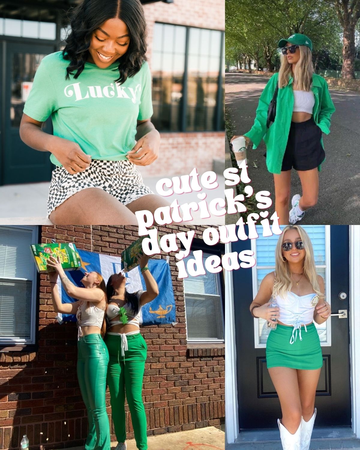 Four pictures of people dressed cute in green for st Patricks day