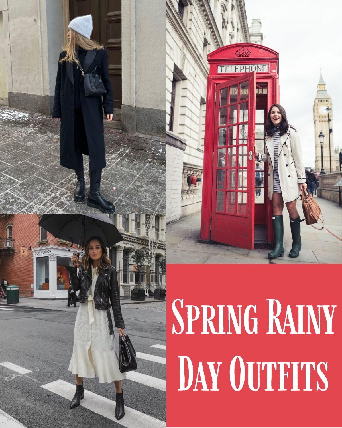Three aesthetic spring rainy day outfits of girls in the weather