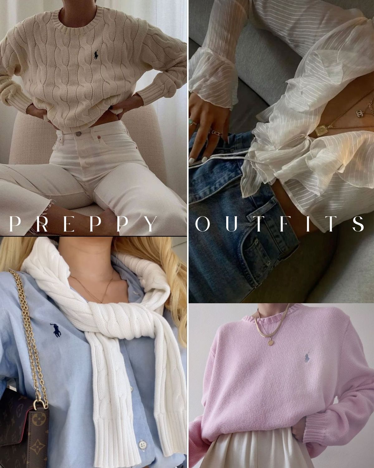 Four outfits with button downs and sweaters