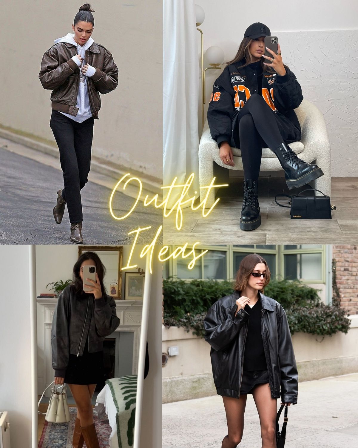 Four girls wearing bomber jacket outfits 