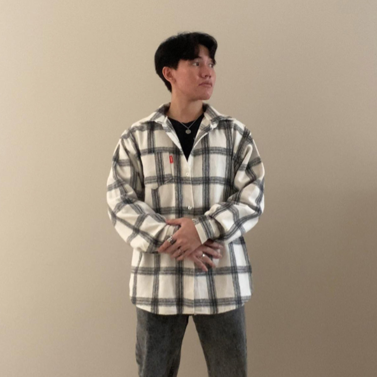 White flannel with black t-shirt