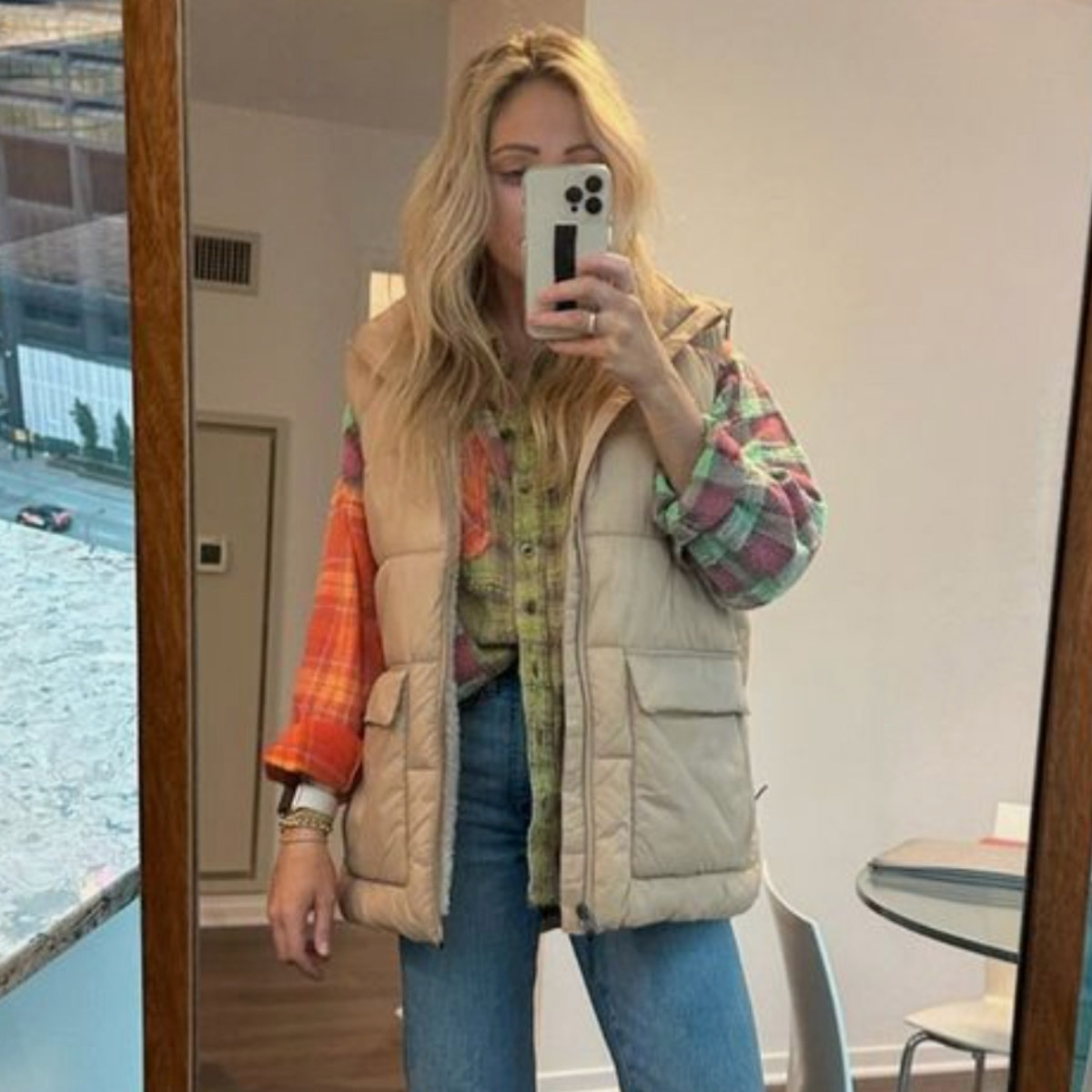 Colorful flannel with puffer vest
