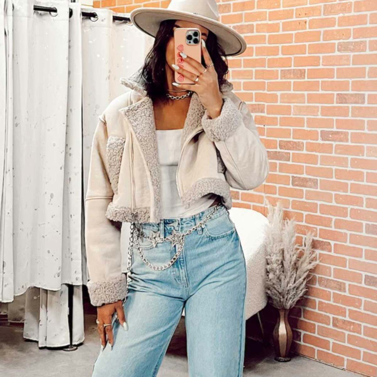 Sherpa jacket with cute hat for mom jeans styles for inspiration