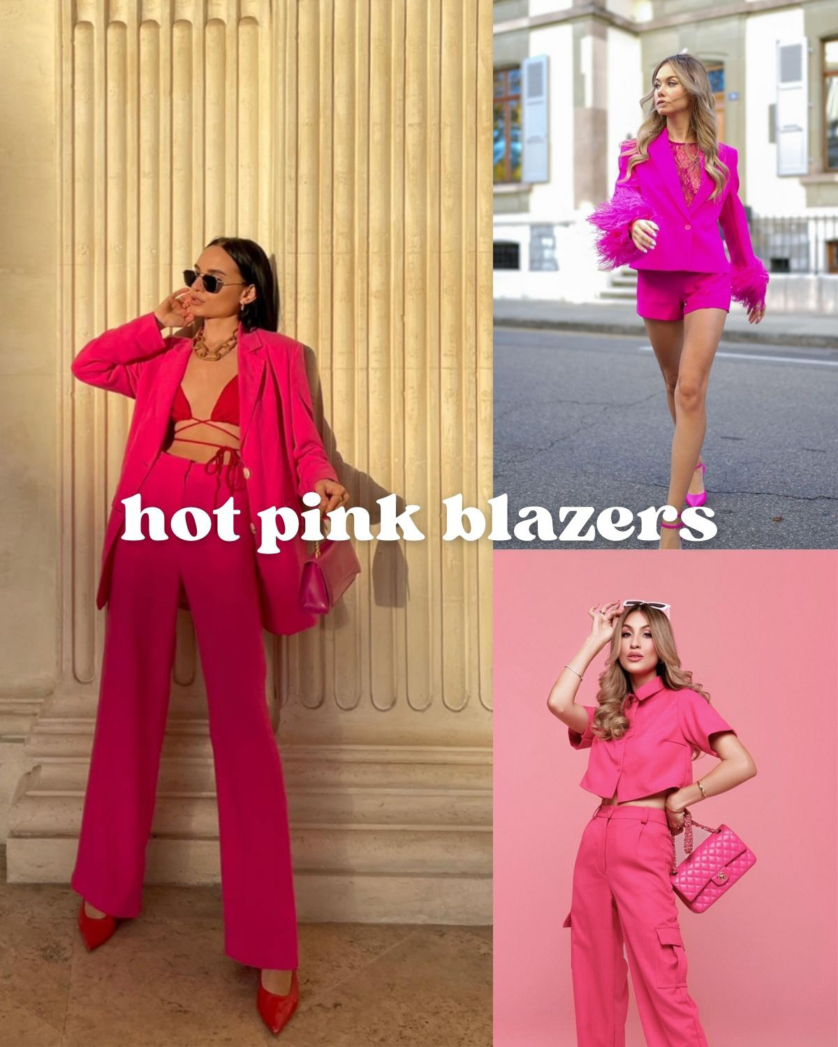 Girls wearing different kinds of hot pink blazers.