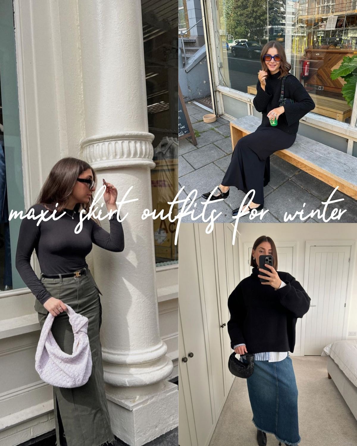 Three women wearing trendy maxi skirts in different styles.