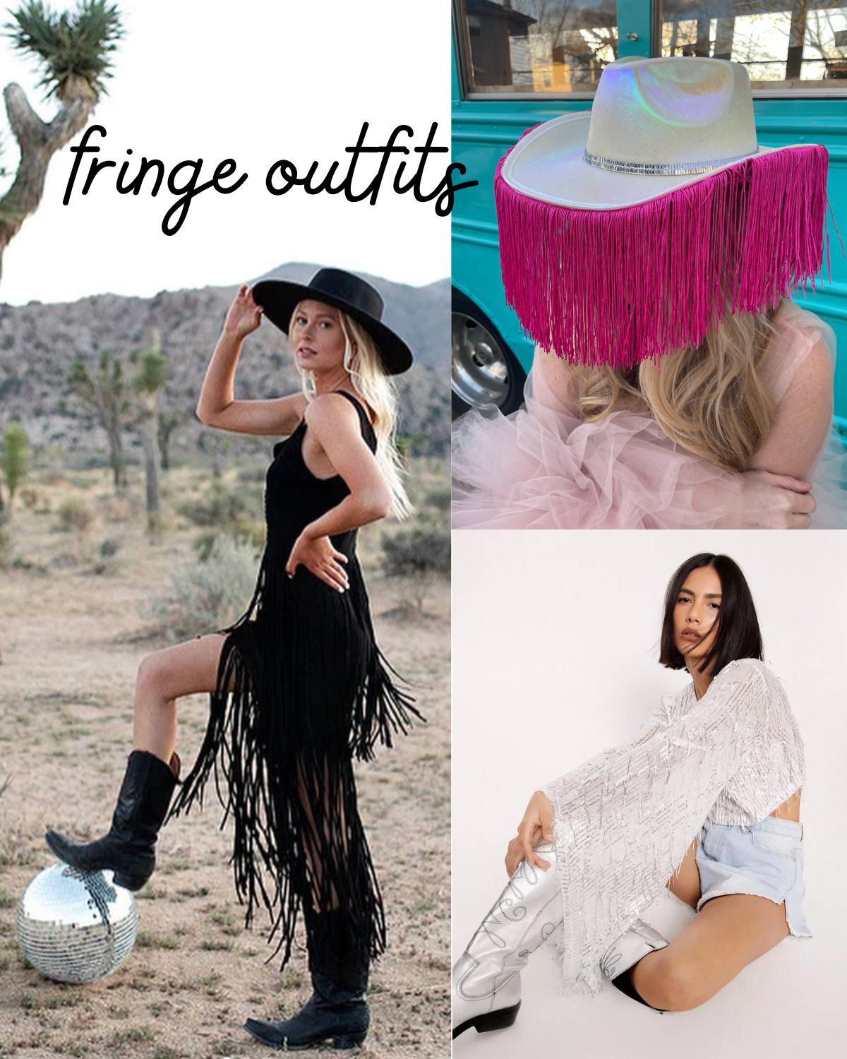 Girls in fringe dresses and tops, and a fringe cowboy hat