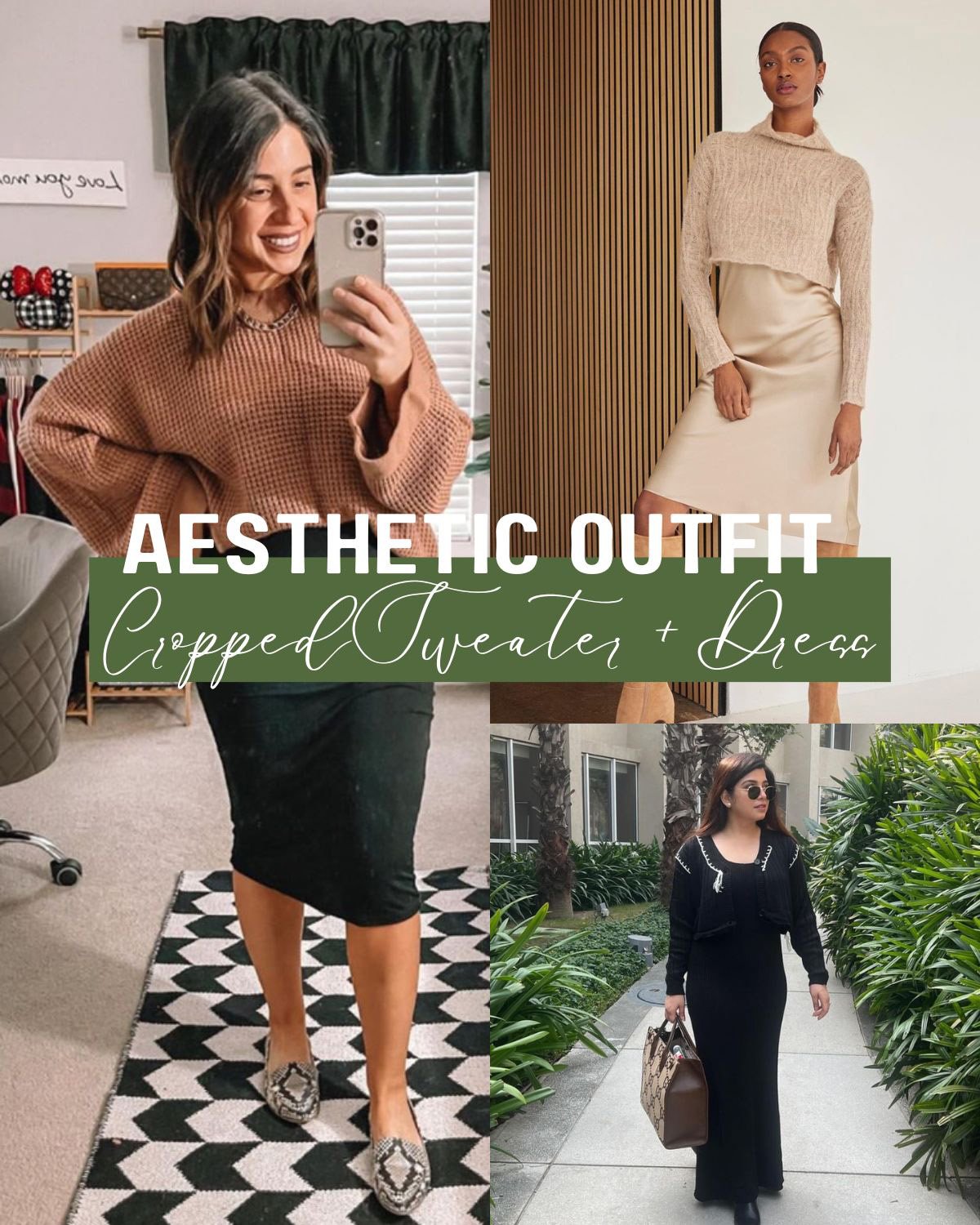 Different aesthetic outfits with a cropped sweater over a dress