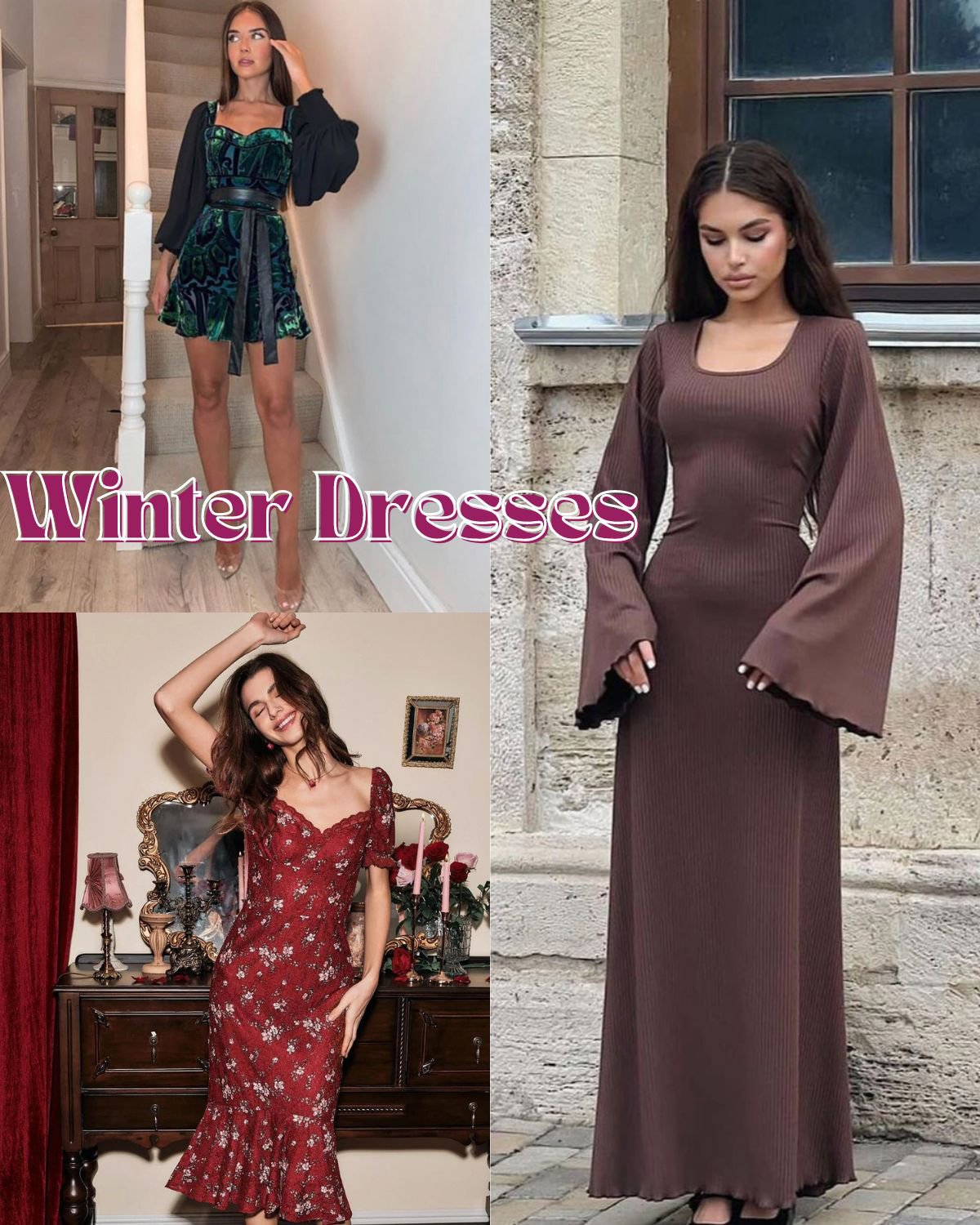 Three girls in different styles of winter dresses