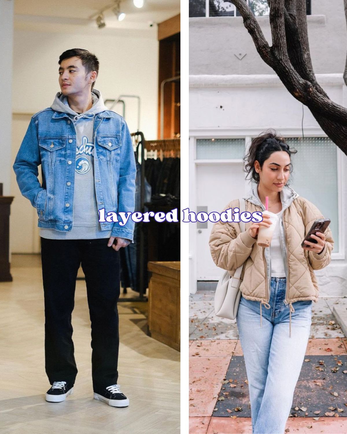 A guy and a girl in layered hoodie outfits