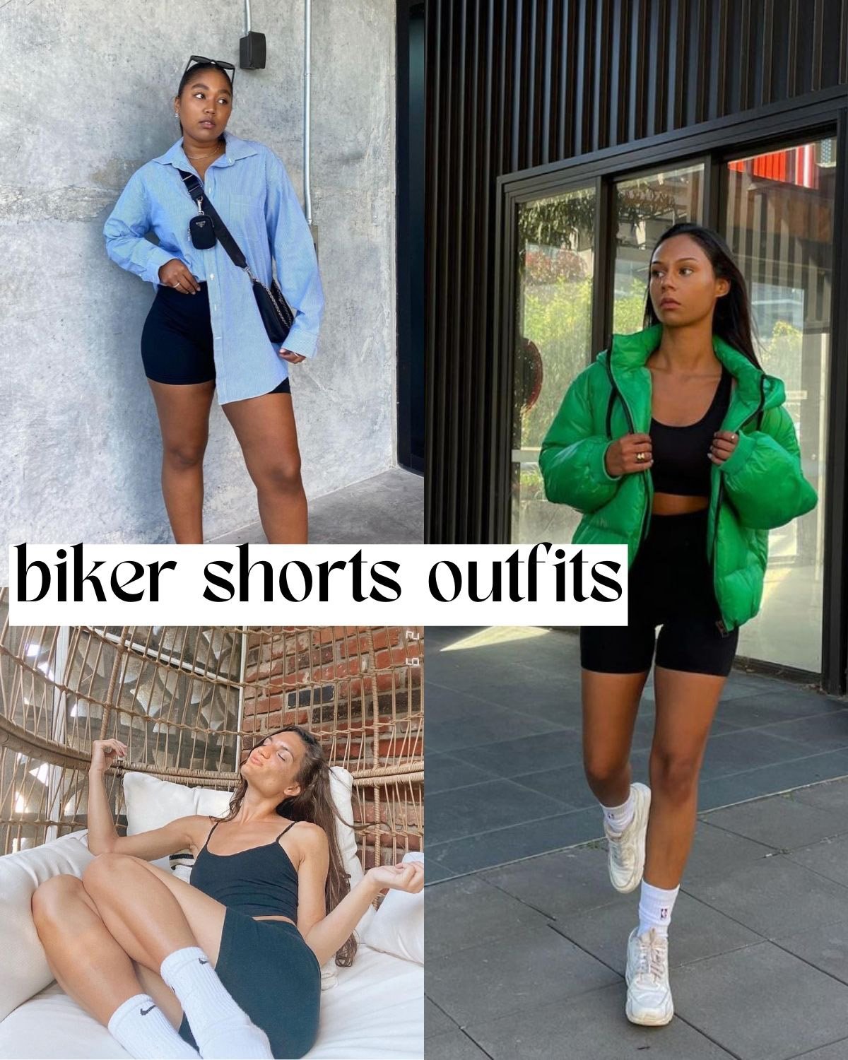 Three girls in different kinds of outfits with biker shorts. 