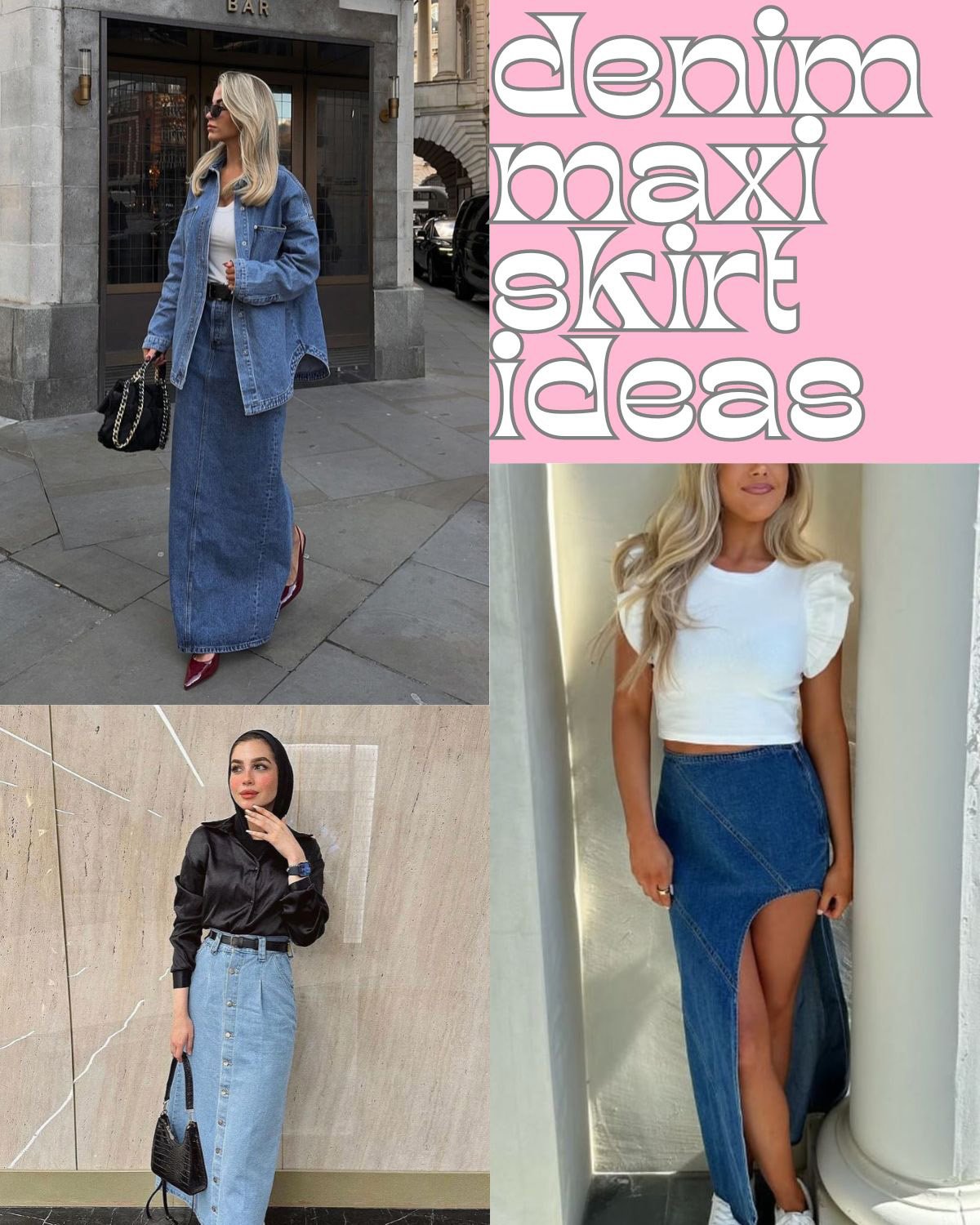 Three outfits of denim maxi skirts