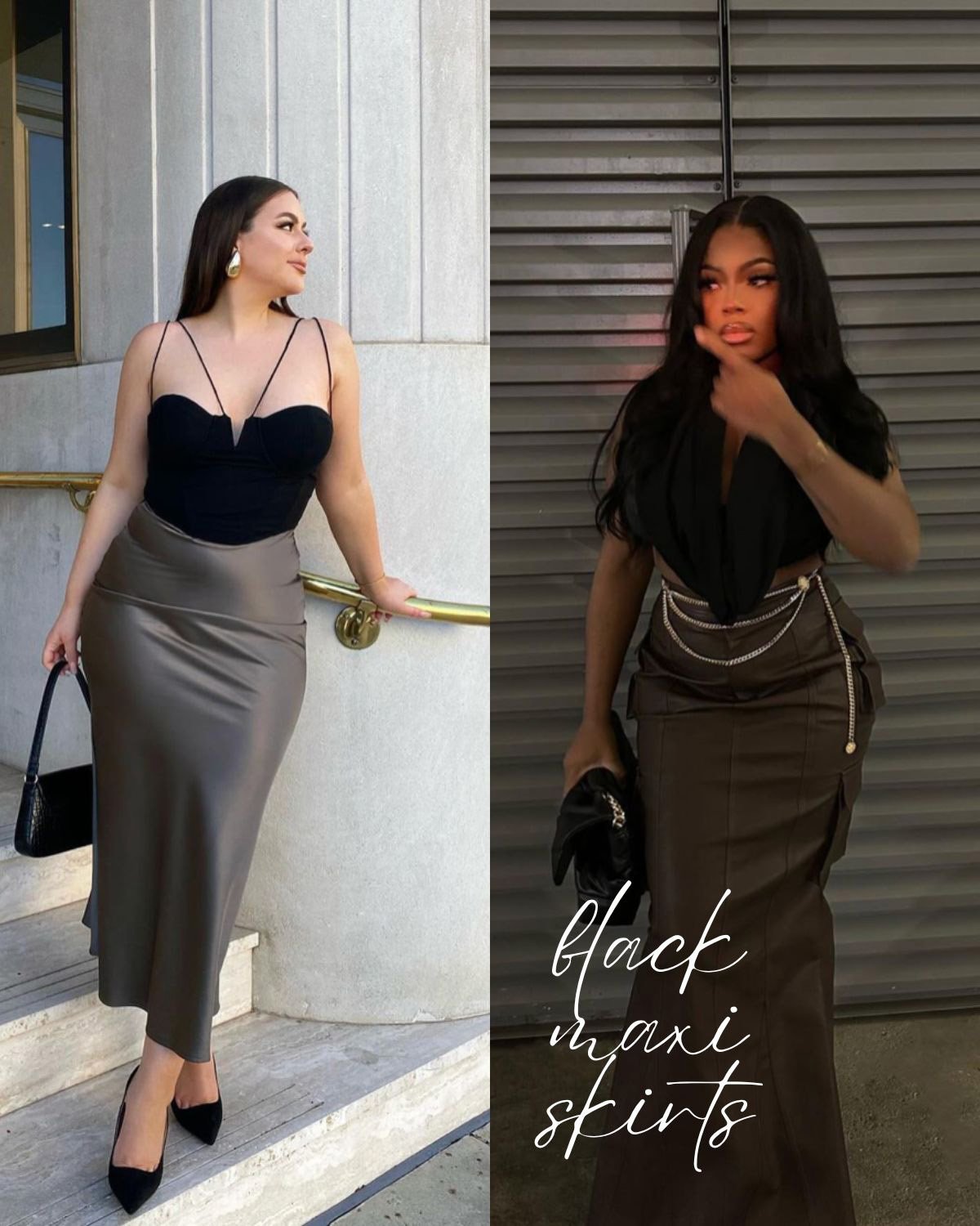 Two black maxi skirt outfits