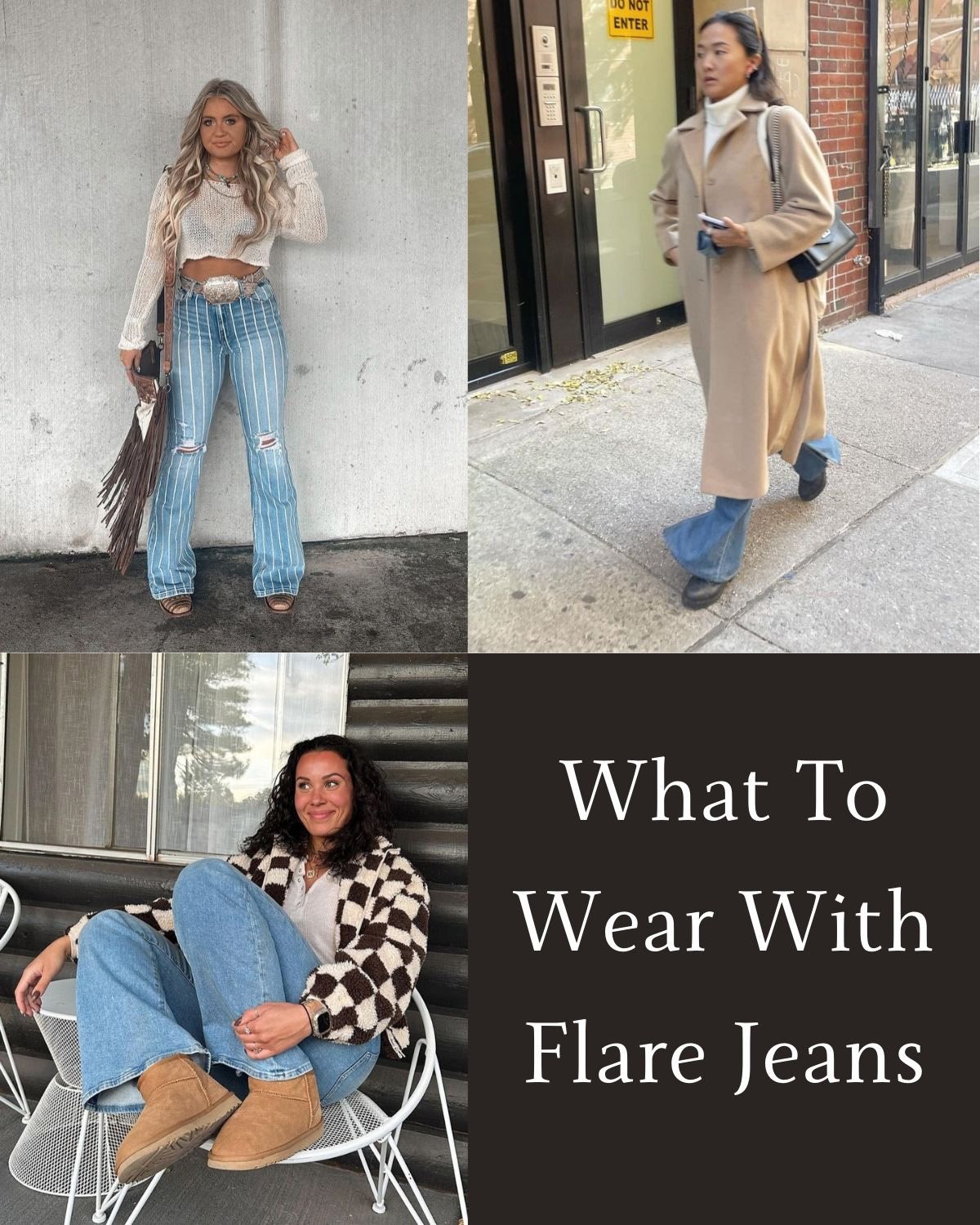 Three examples of what to wear with flare jeans