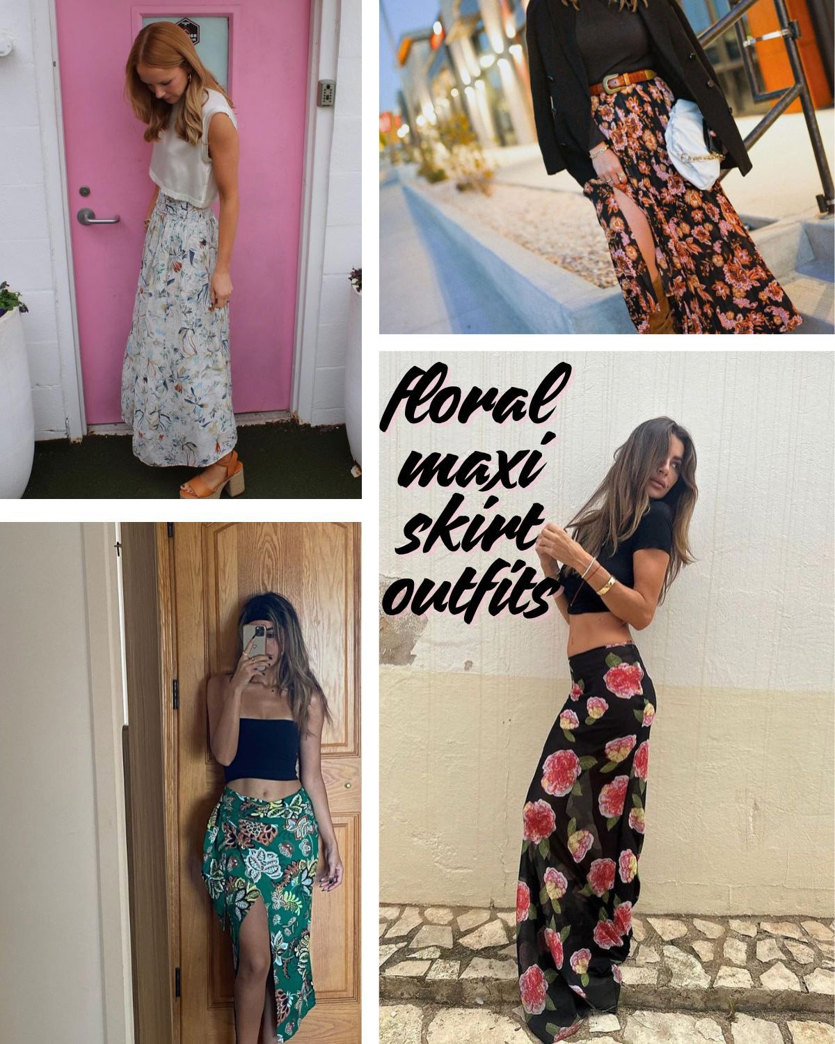Four floral maxi skirt outfit ideas.