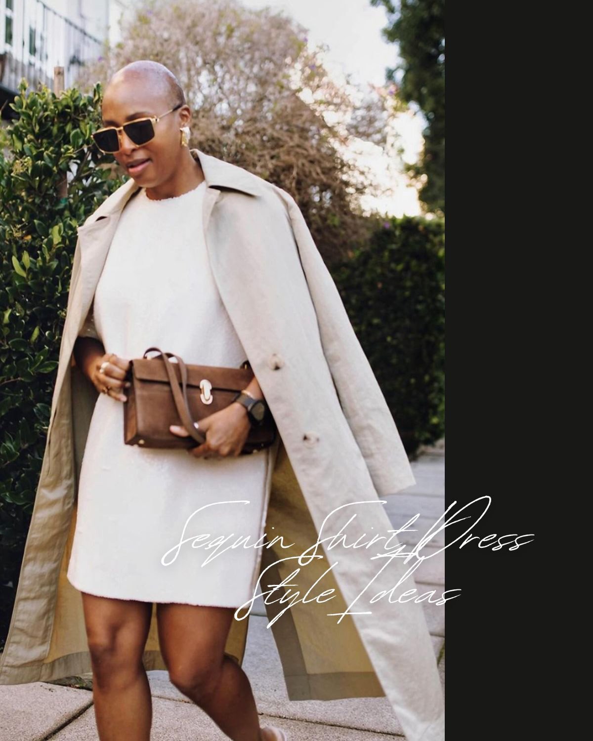 A woman in a trench coat and sequin dress