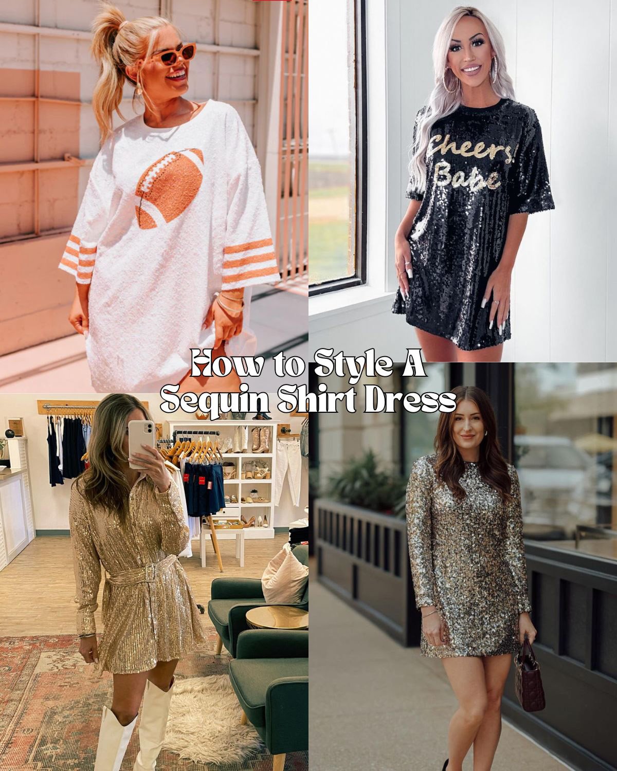 Four outfit ideas with a sequin shirt dress