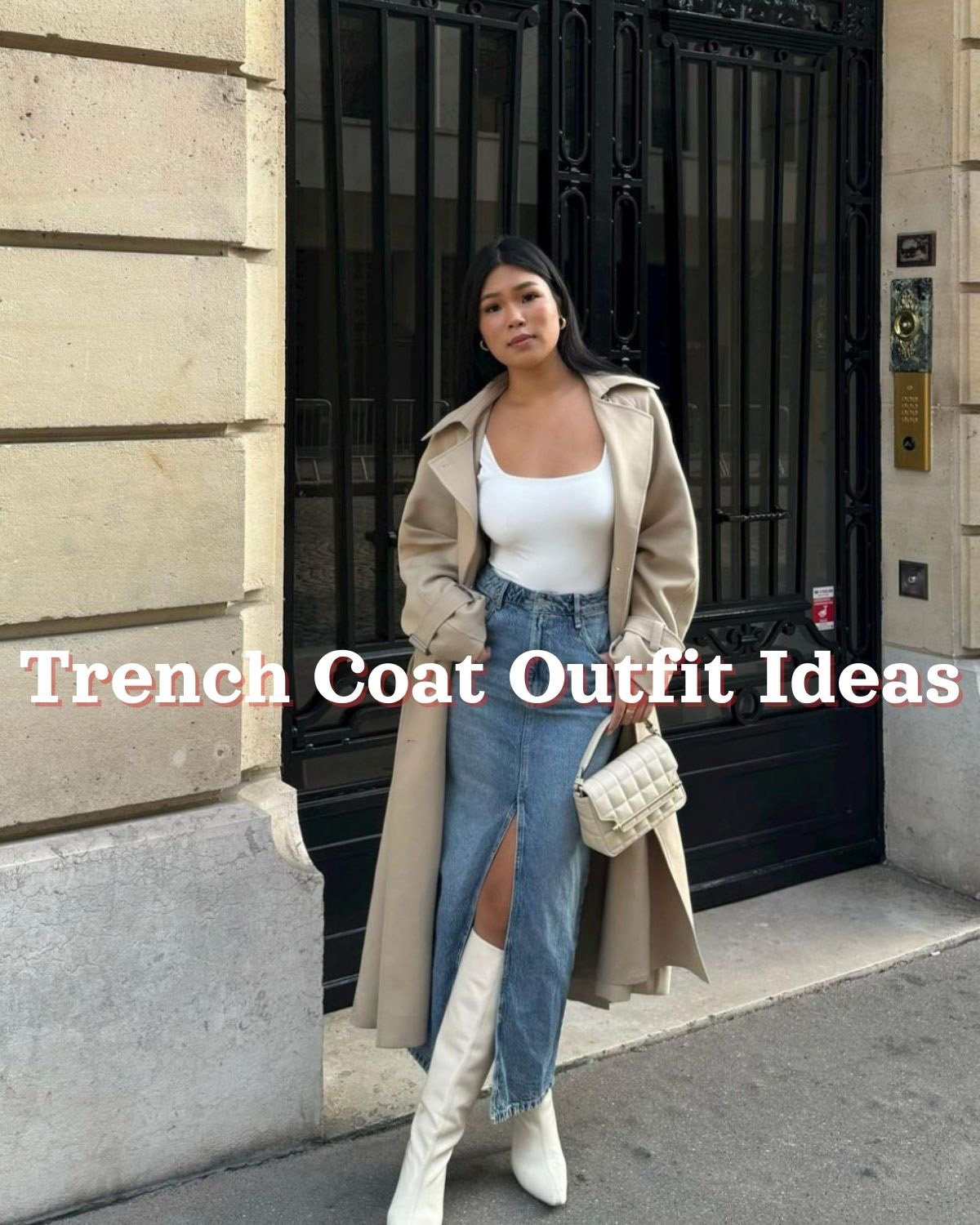 A girl wearing a denim midi skirt and a trench coat