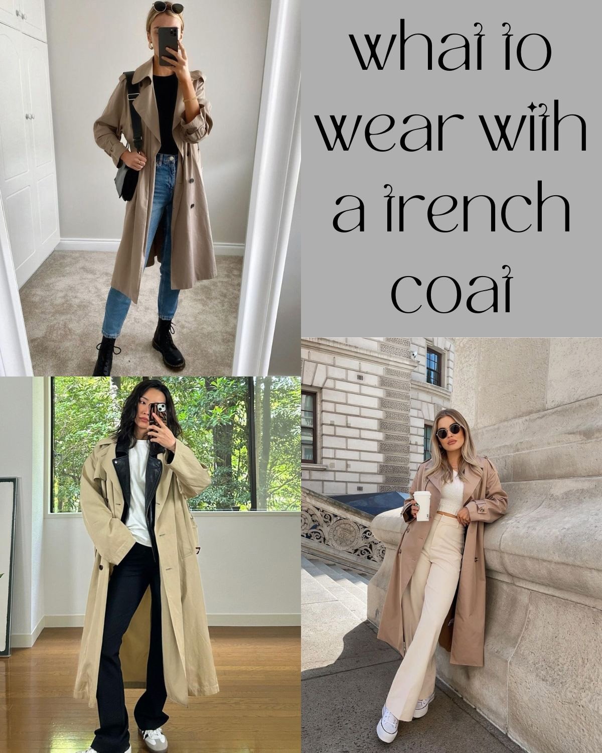 Three women wearing different trench coat outfits