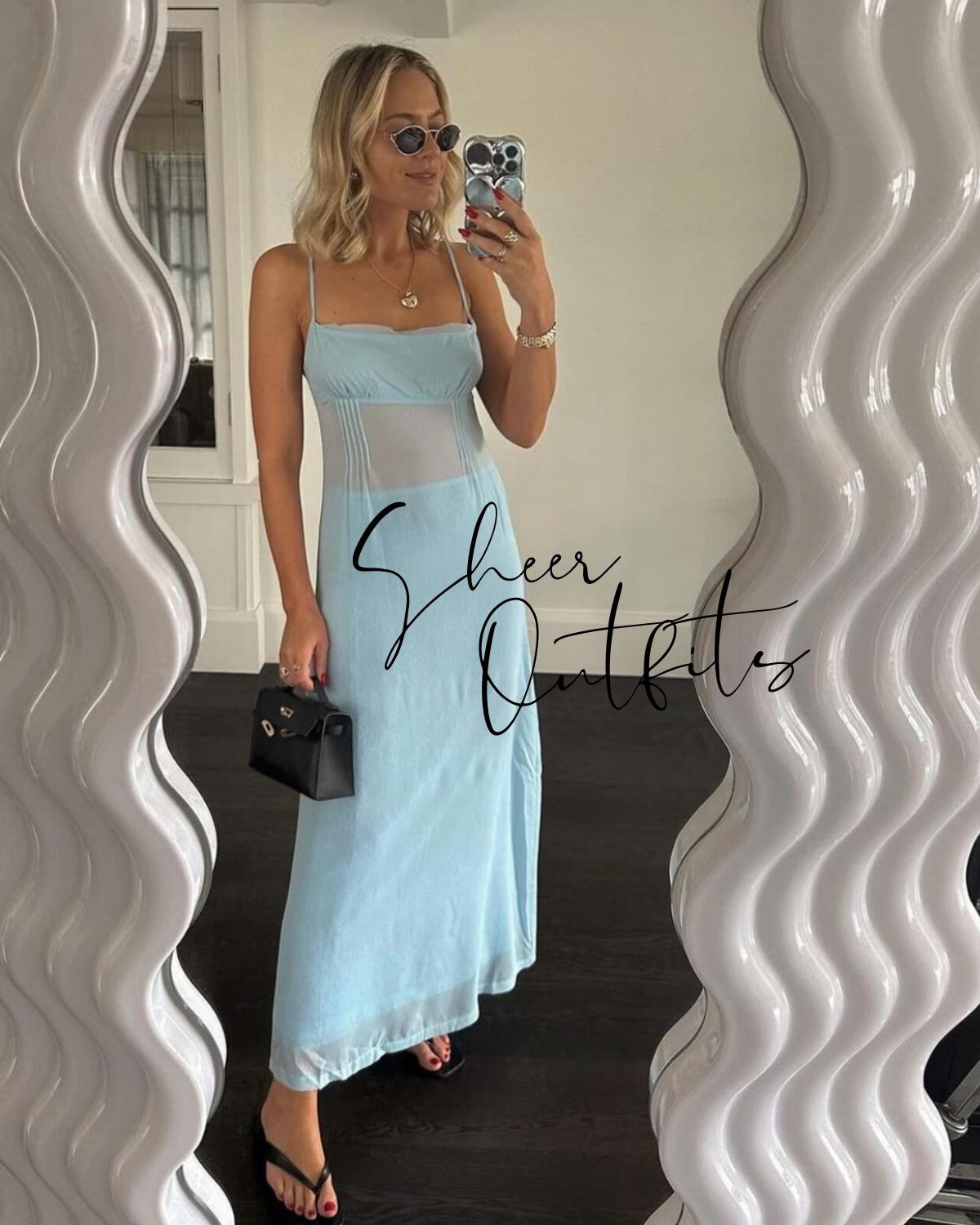 A girl in a beautiful blue sheer dress