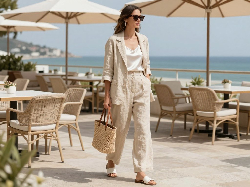 Beige linen outfit with white accessories for summer old money style
