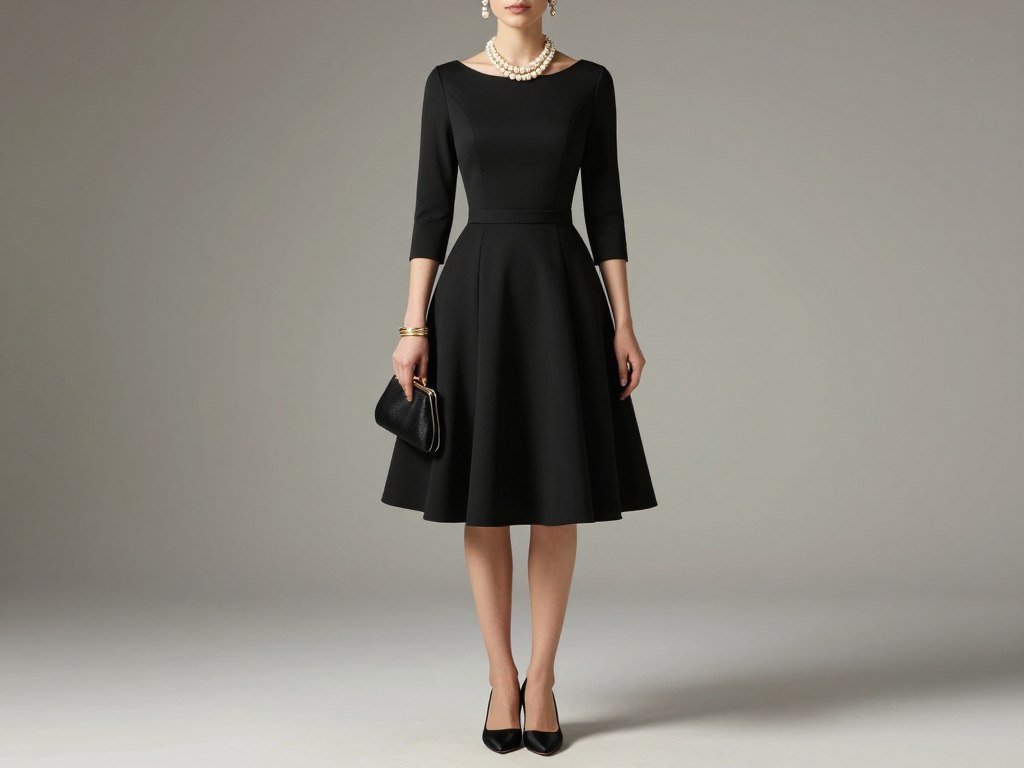 Black knee-length cocktail dress with structured silhouette and pearl accessories