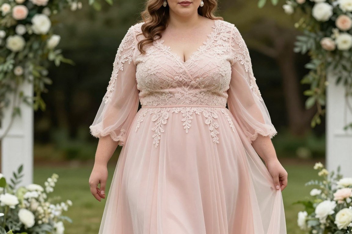 Blush pink A-line dress with lace overlay for romantic mother bride look